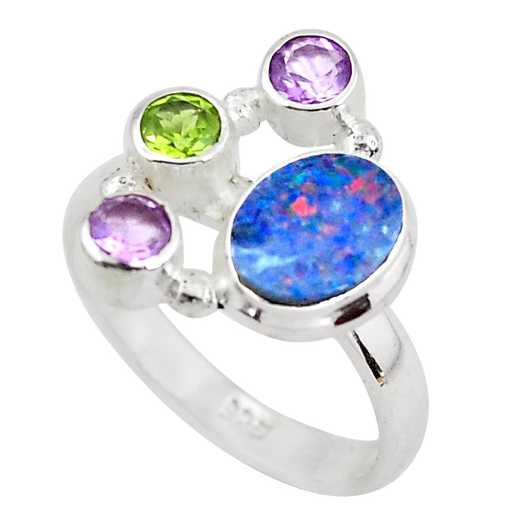 5.79cts natural blue doublet opal australian 925 silver ring size 7 p52569