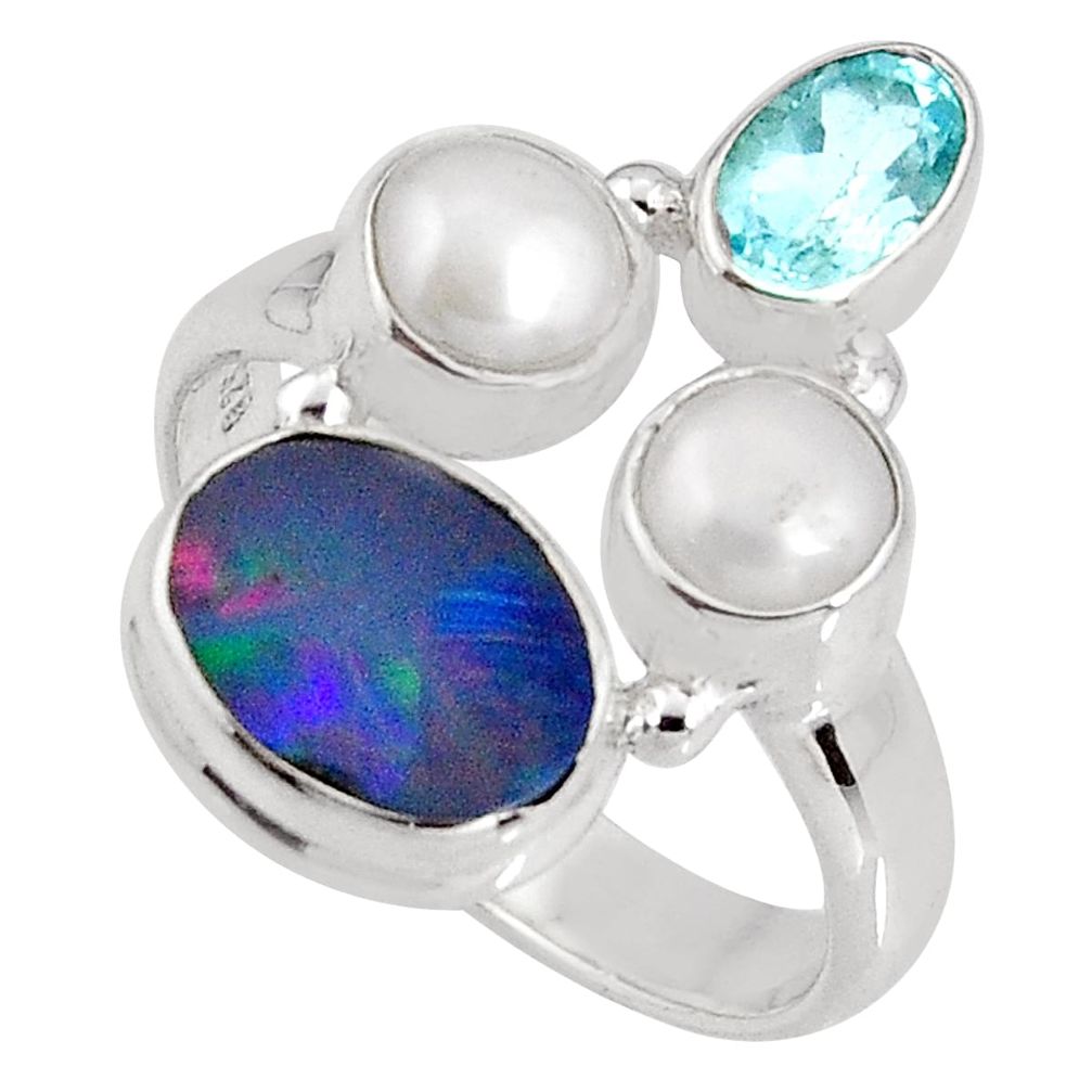 5.63cts natural blue doublet opal australian 925 silver ring size 6.5 p90741