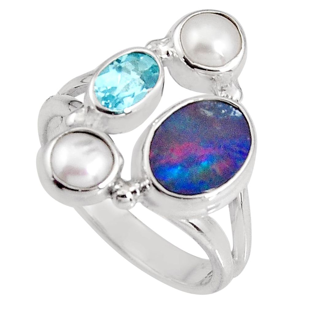 5.52cts natural blue doublet opal australian 925 silver ring size 7.5 p90748