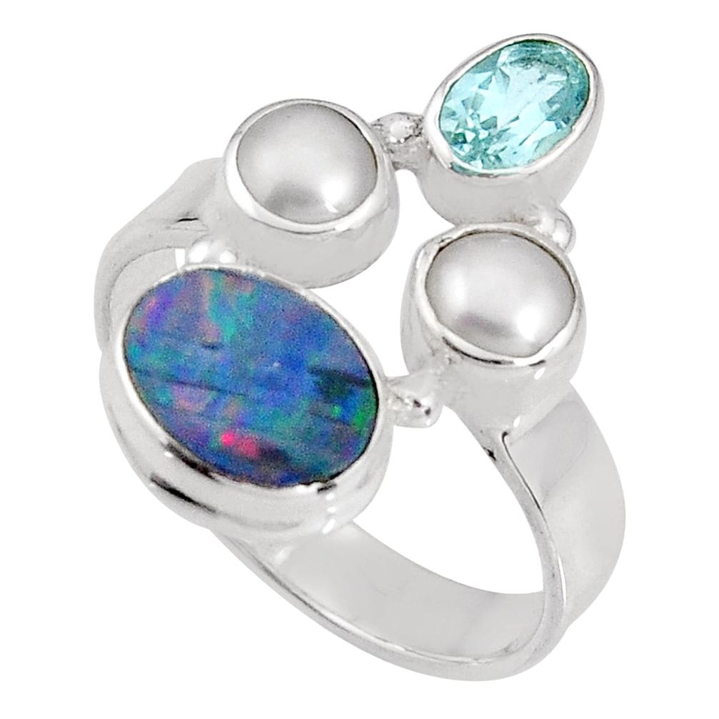 5.52cts natural blue doublet opal australian 925 silver ring size 8.5 p90749