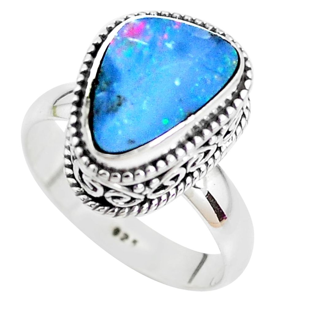 Natural blue doublet opal australian 925 silver solitaire ring size 7.5 p39096