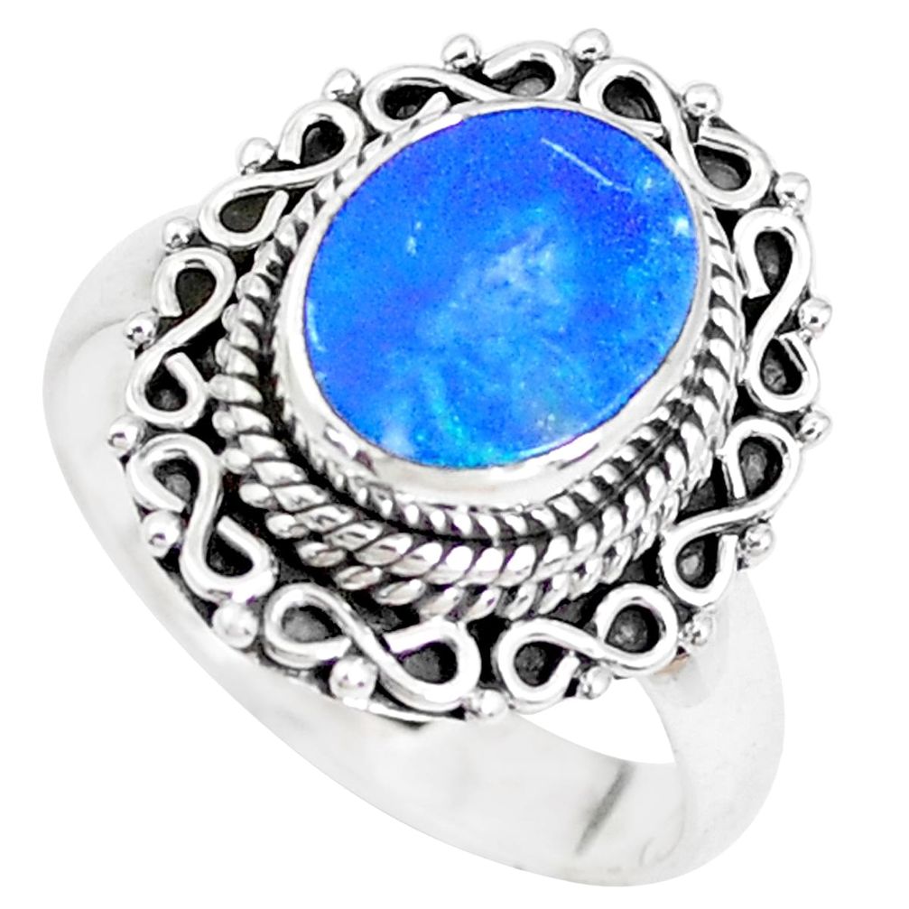 Natural blue doublet opal australian 925 silver solitaire ring size 8 p39103