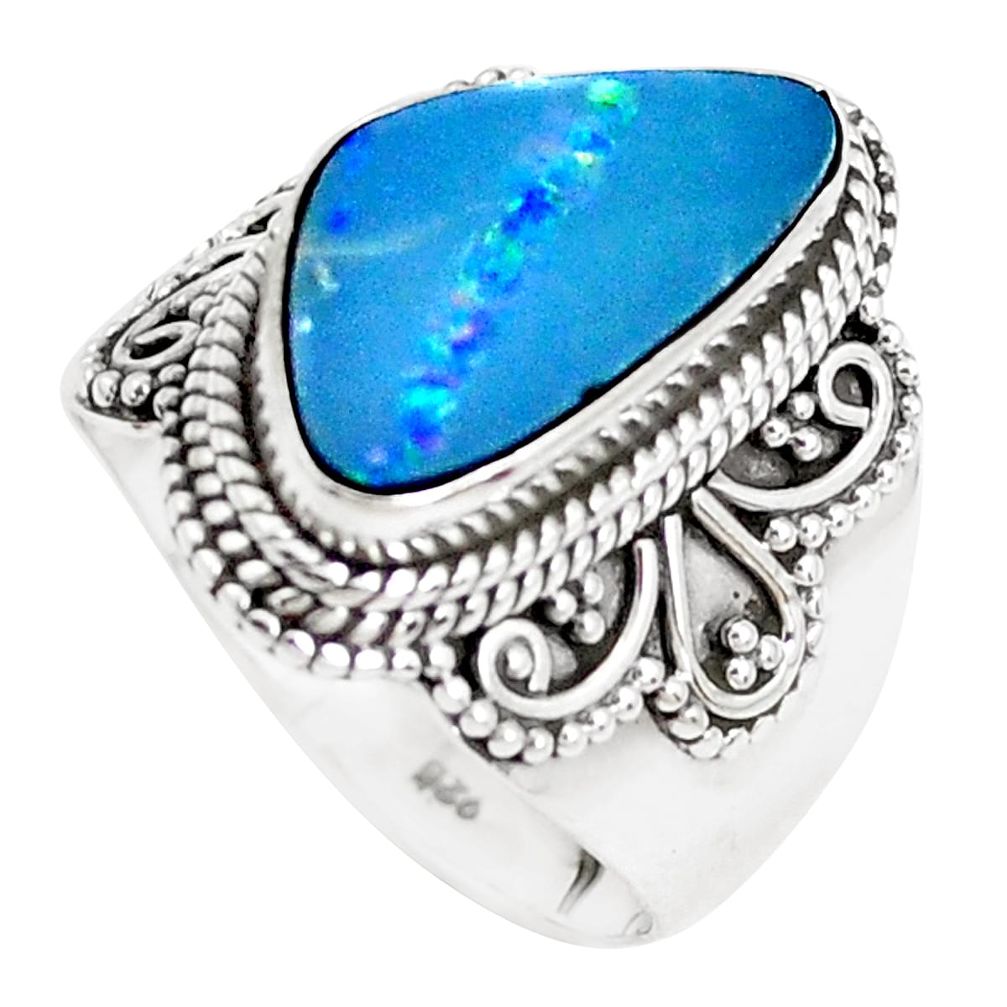 Natural blue doublet opal australian 925 silver solitaire ring size 7 p39130