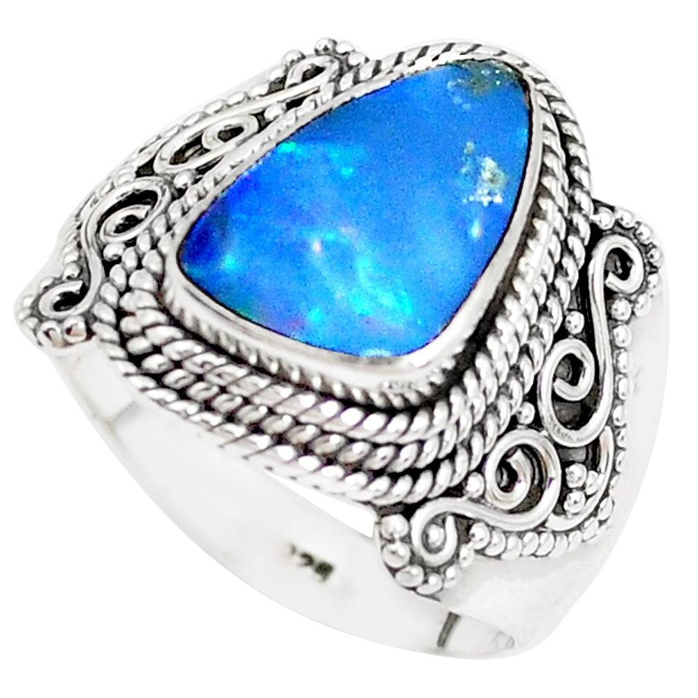 Natural blue doublet opal australian 925 silver solitaire ring size 8.5 p39139