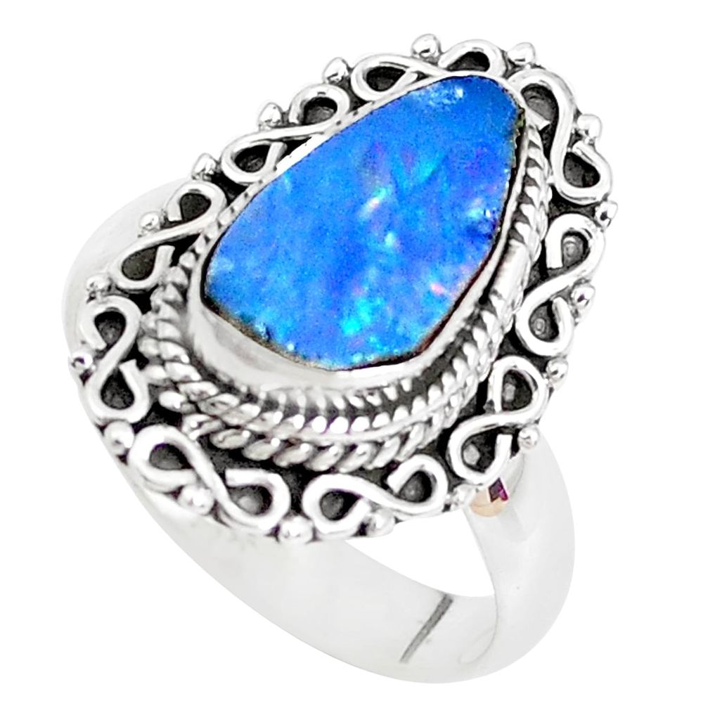Natural blue doublet opal australian 925 silver solitaire ring size 7 p39147