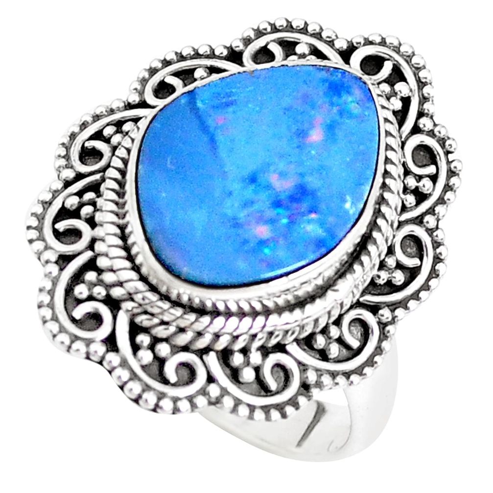 Natural blue doublet opal australian 925 silver solitaire ring size 7.5 p39151