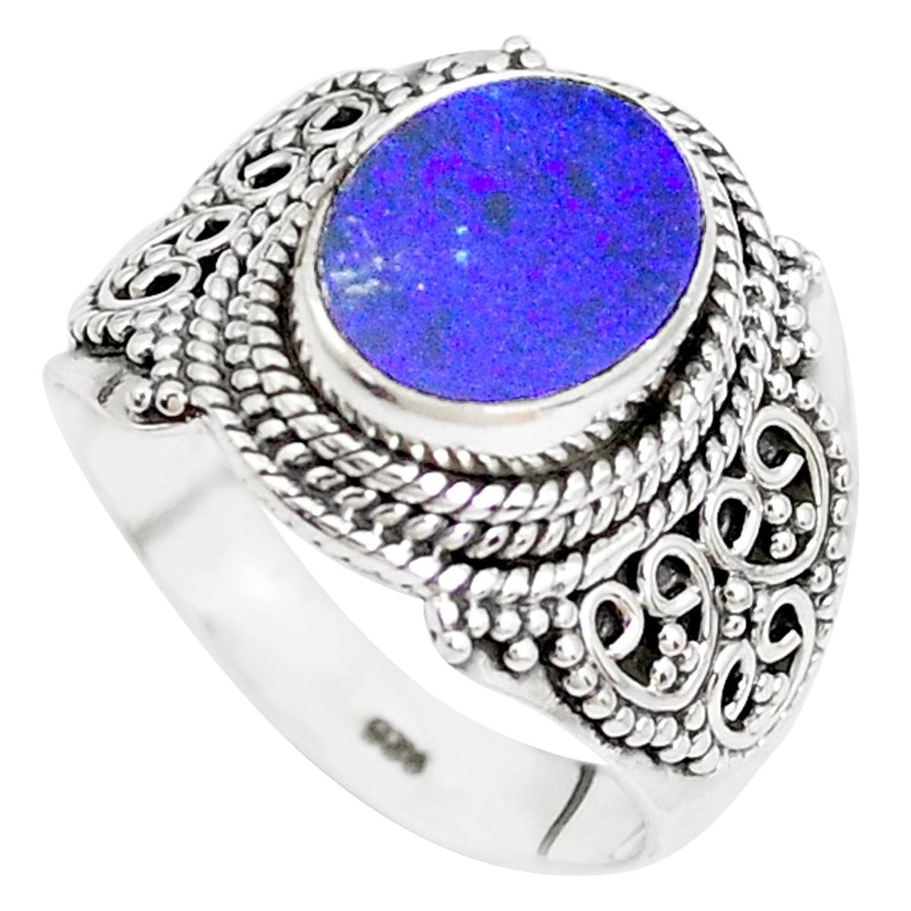 Natural blue doublet opal australian 925 silver solitaire ring size 7.5 p39160