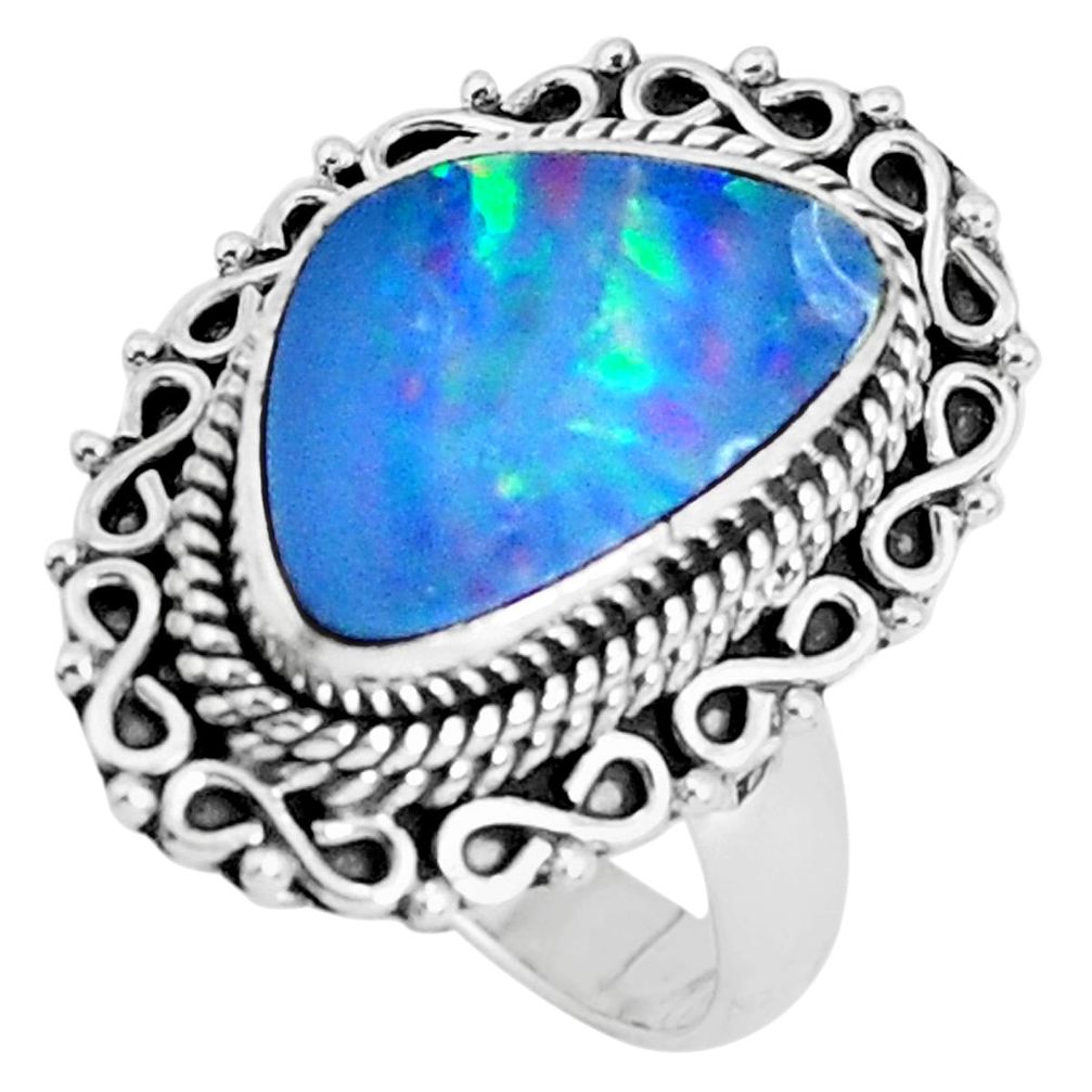 Natural blue doublet opal australian 925 silver solitaire ring size 6.5 p47468