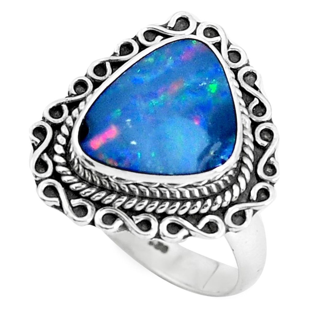 Natural blue doublet opal australian 925 silver solitaire ring size 8 p47498