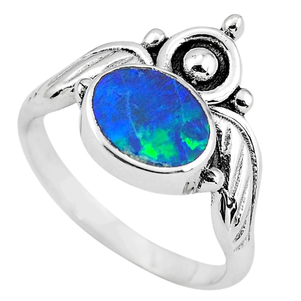 Natural blue doublet opal australian 925 silver solitaire ring size 8 p57835