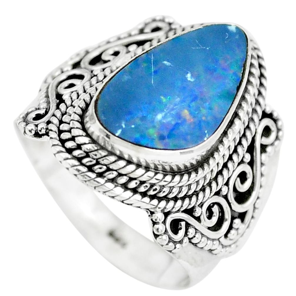 Natural blue doublet opal australian 925 silver solitaire ring size 6.5 p61501