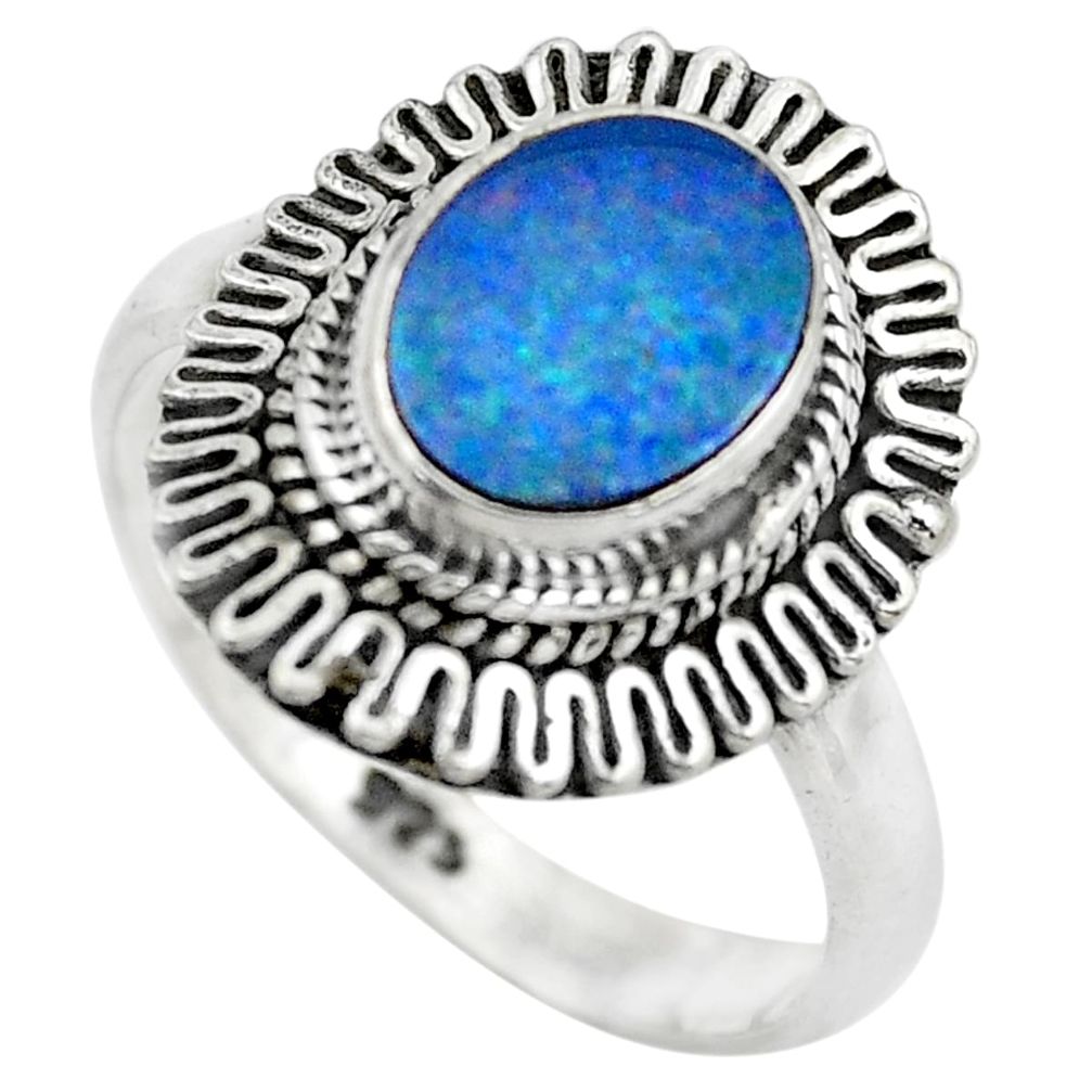 Natural blue doublet opal australian 925 silver solitaire ring size 7.5 p61538