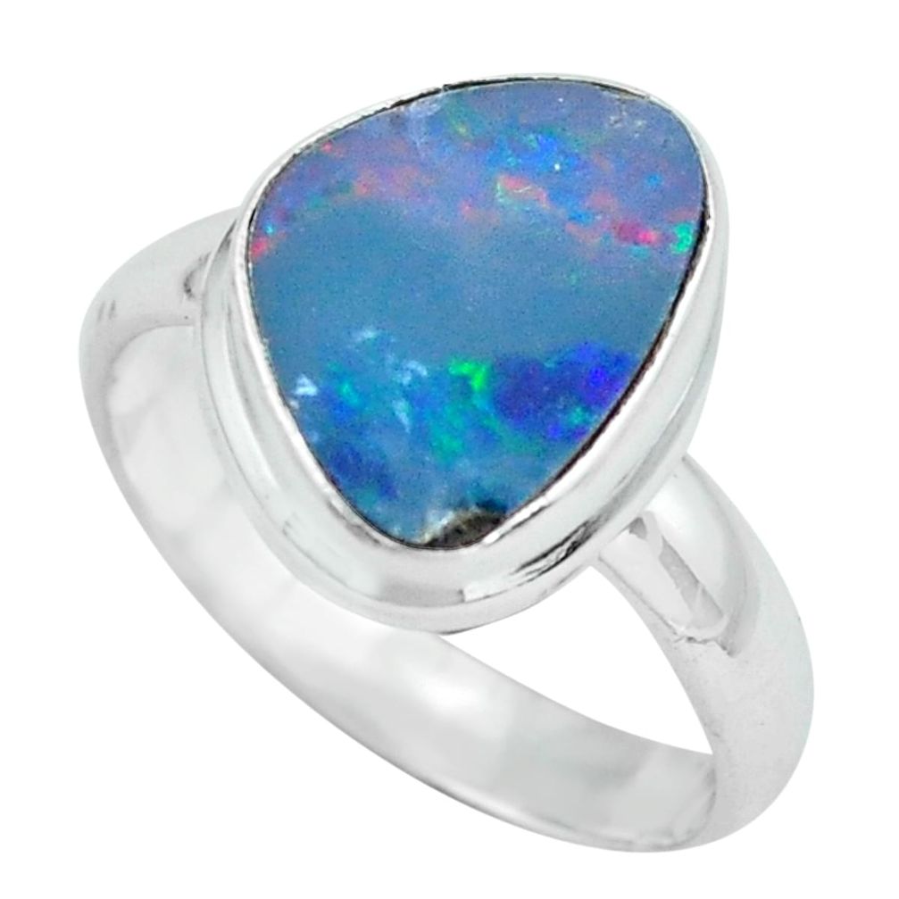 Natural blue doublet opal australian 925 silver solitaire ring size 7.5 p67580