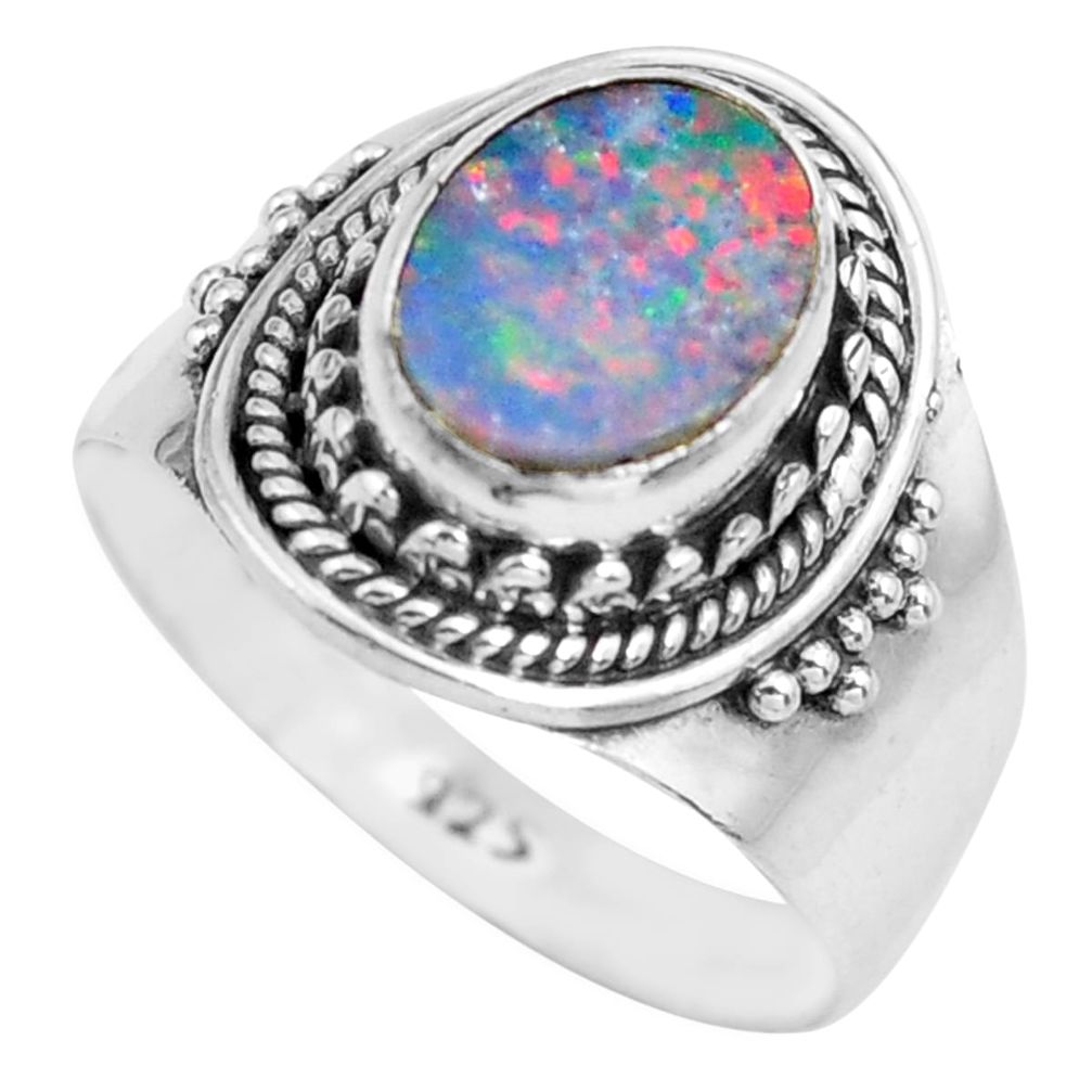 Natural blue doublet opal australian 925 silver solitaire ring size 7 p71658