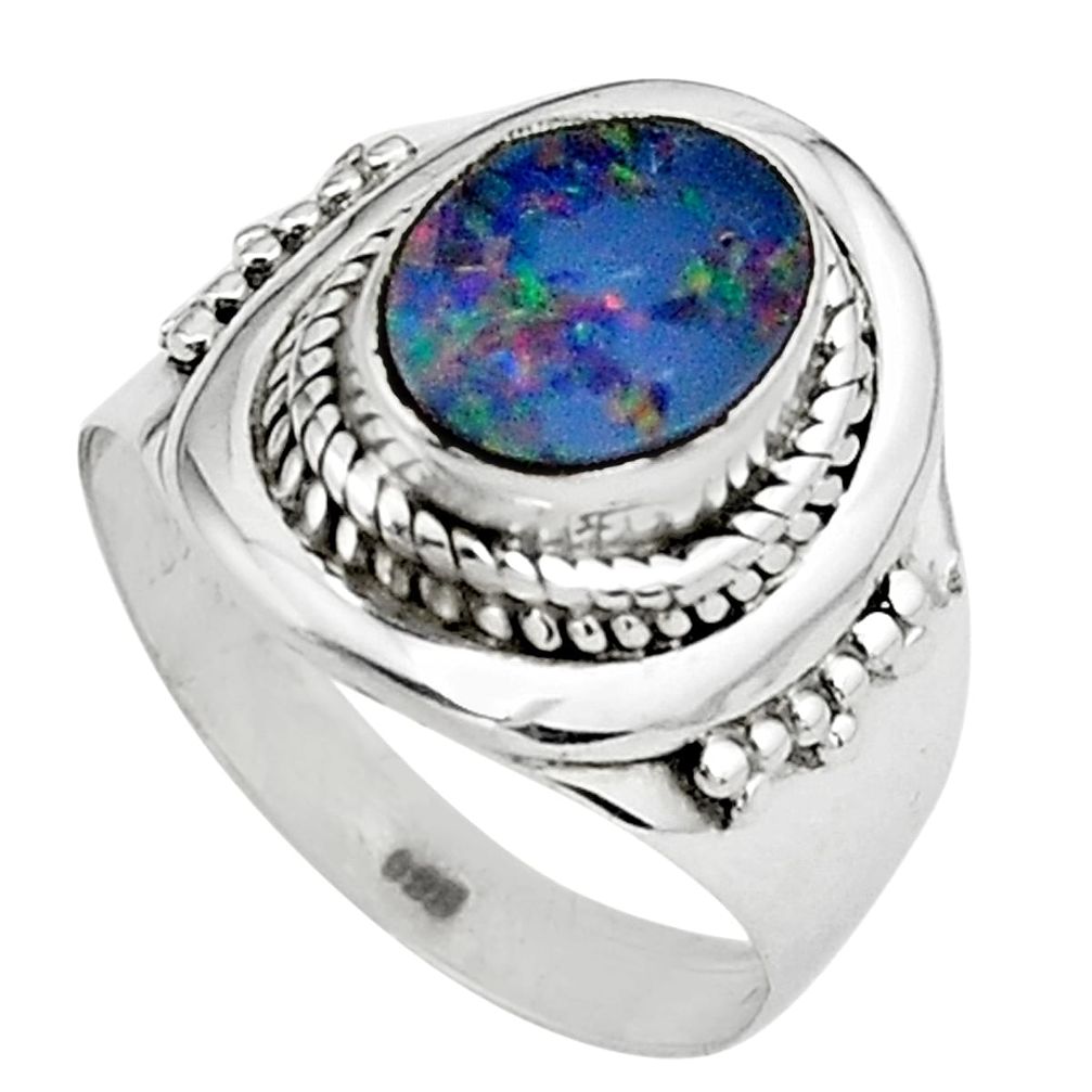 Natural blue doublet opal australian 925 silver solitaire ring size 6.5 p80984