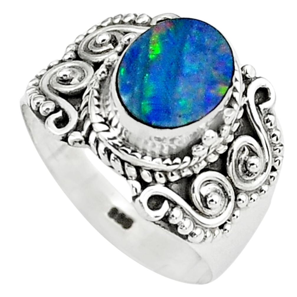 Natural blue doublet opal australian 925 silver solitaire ring size 6.5 p80992