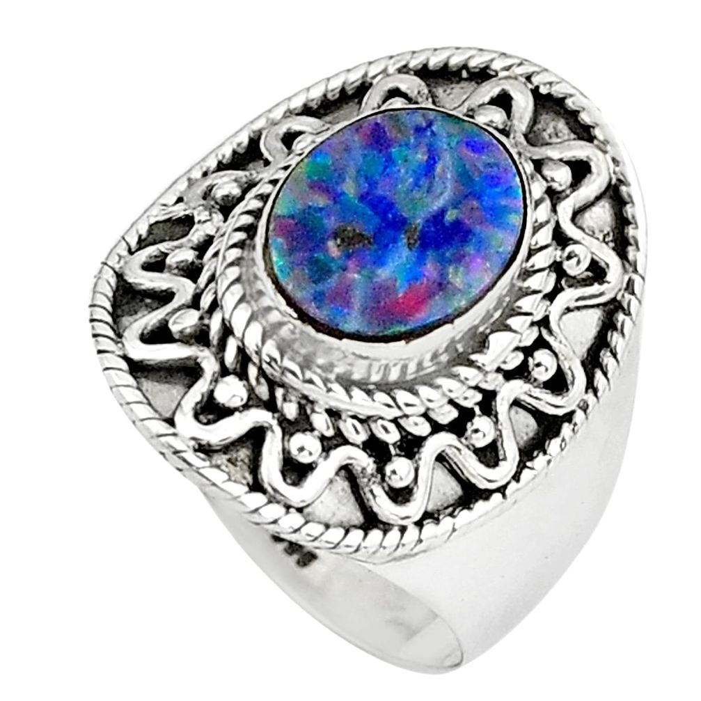 Natural blue doublet opal australian 925 silver solitaire ring size 7 p80993