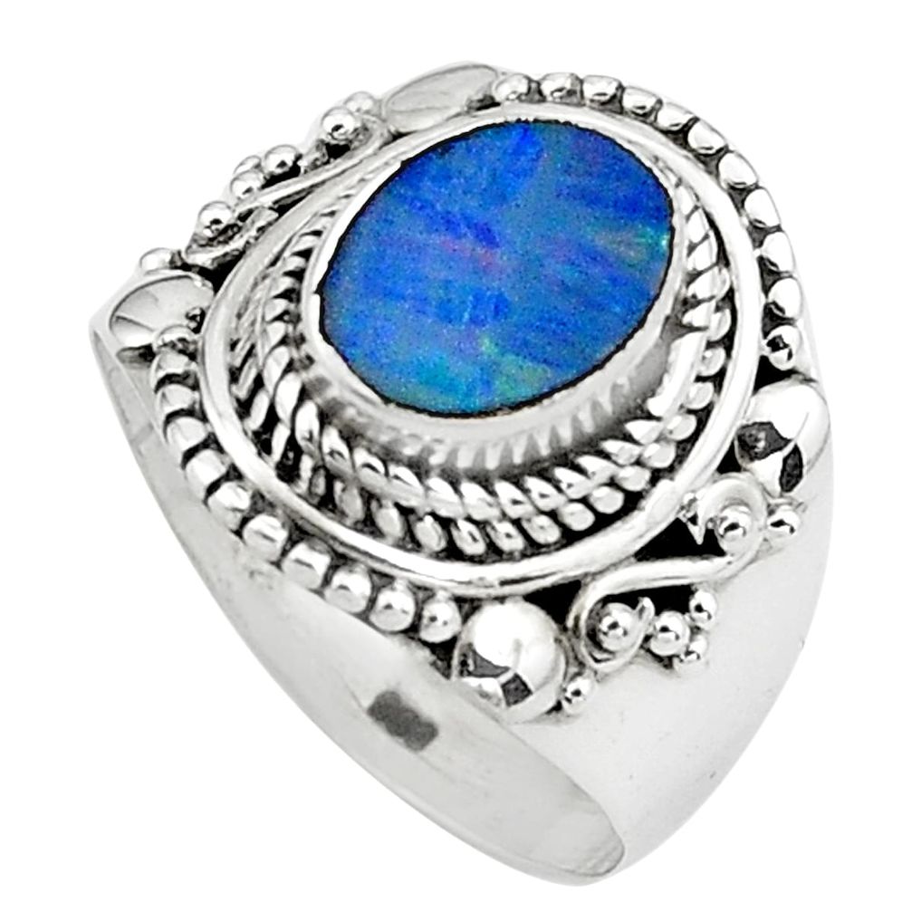 Natural blue doublet opal australian 925 silver solitaire ring size 7.5 p80994