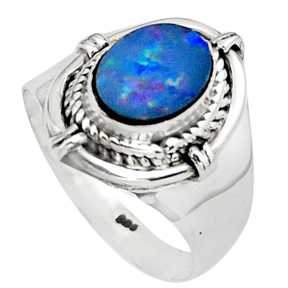 Natural blue doublet opal australian 925 silver solitaire ring size 8 p80996