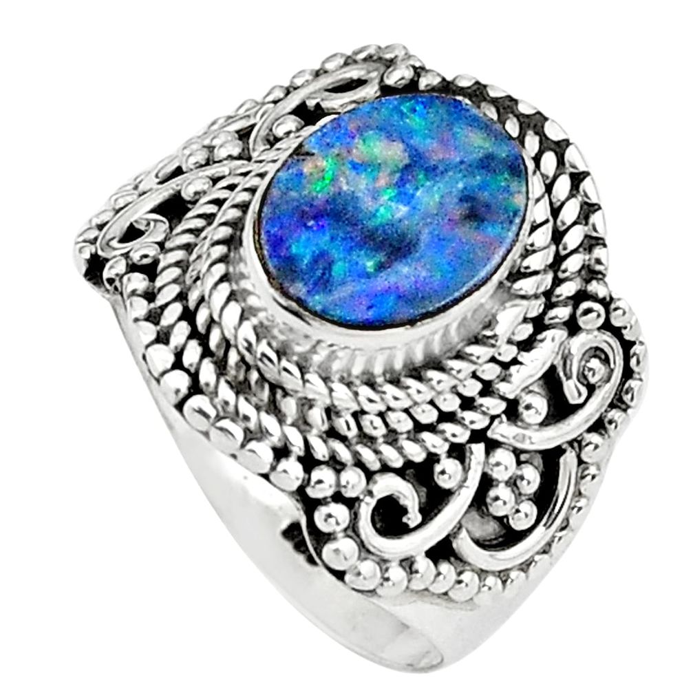 Natural blue doublet opal australian 925 silver solitaire ring size 6.5 p80999