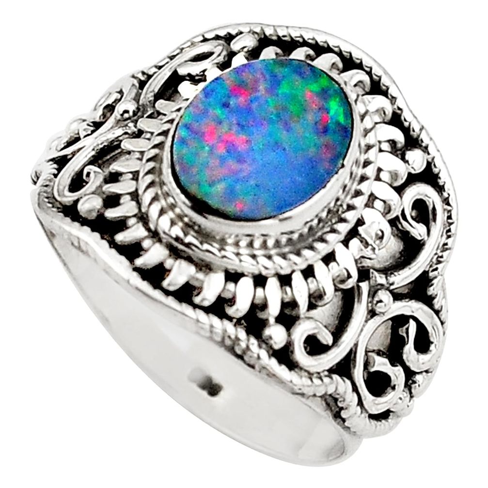 Natural blue doublet opal australian 925 silver solitaire ring size 7 p88883