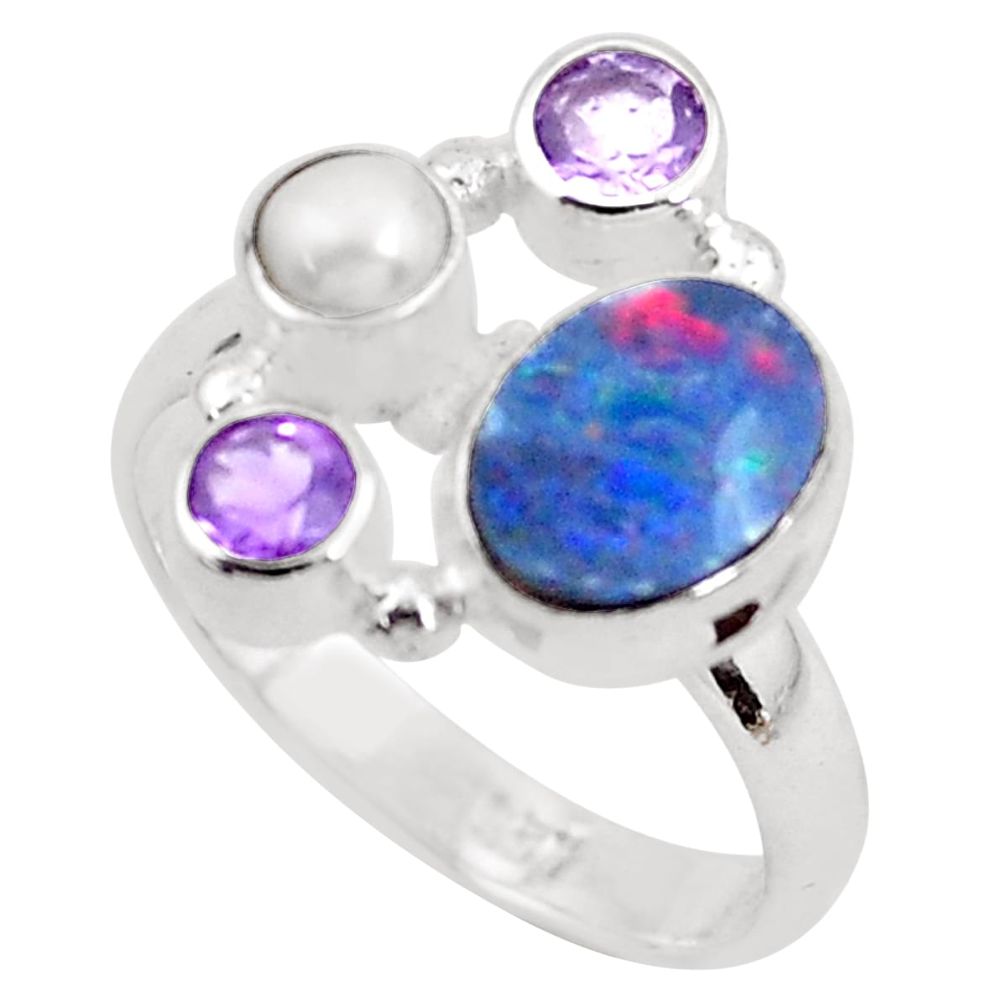 5.38cts natural blue doublet opal australian pearl 925 silver ring size 8 p52573