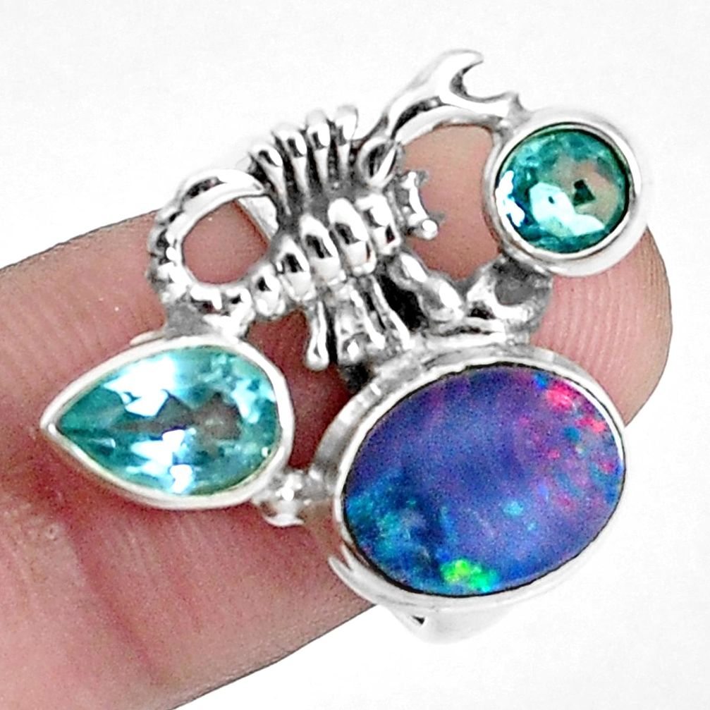 Natural blue doublet opal australian silver scorpion charm ring size 7 p42739