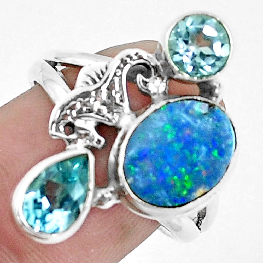 4.71cts natural blue doublet opal australian silver seahorse ring size 8 p42723