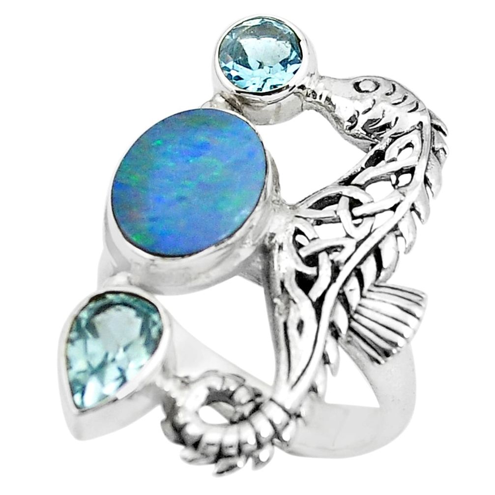Natural blue doublet opal australian silver seahorse ring size 7.5 p61116