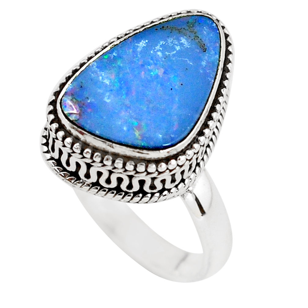 5.18cts natural blue doublet opal australian silver solitaire ring size 8 p56453