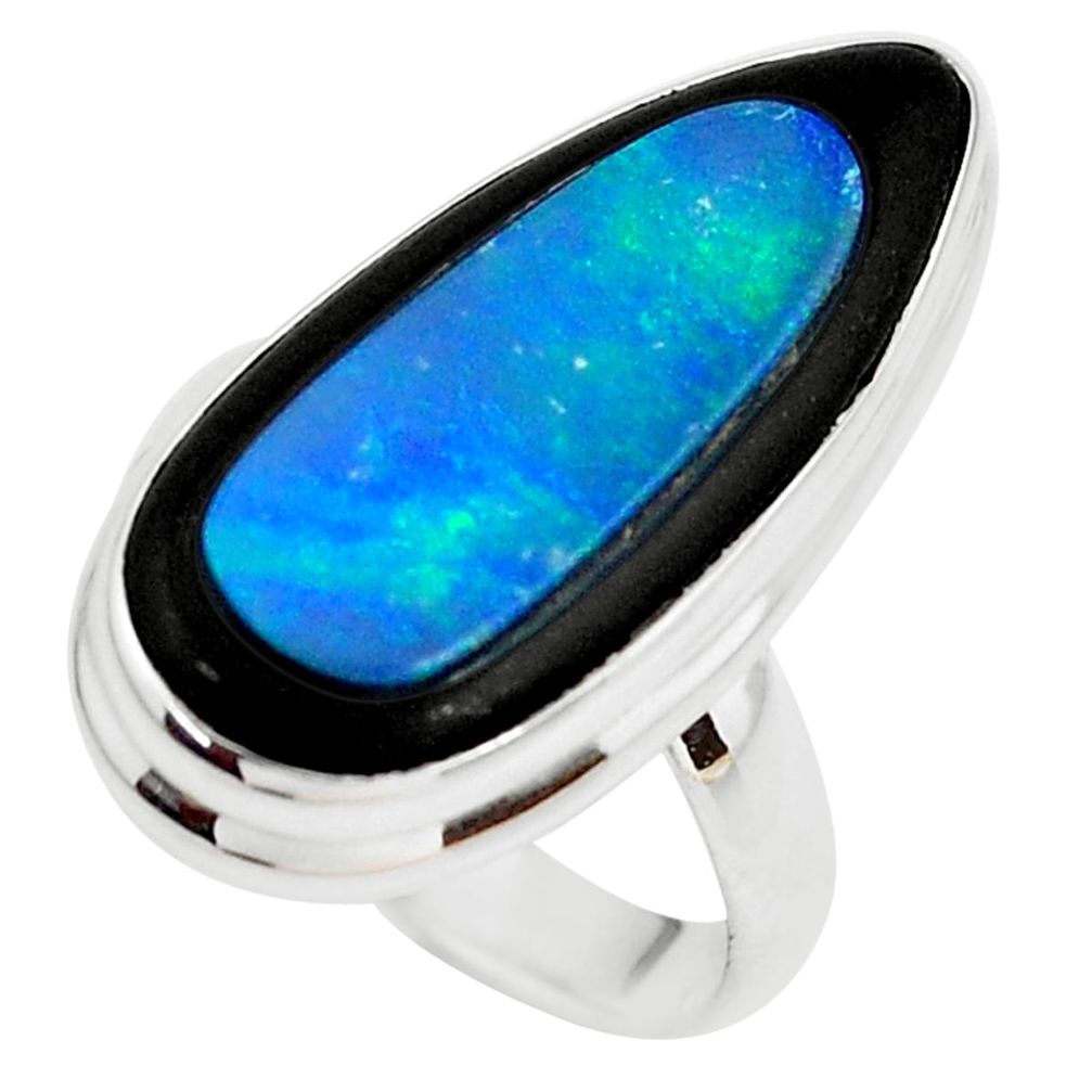 14.12cts natural blue doublet opal in onyx 925 silver ring size 7.5 p53828