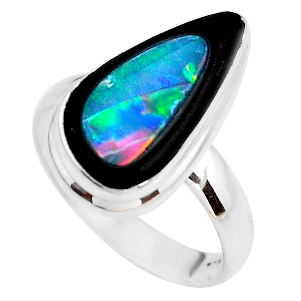9.47cts natural blue doublet opal in onyx 925 silver ring size 9.5 p53830