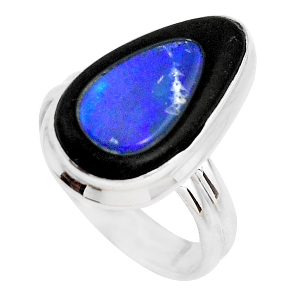 9.32cts natural blue doublet opal in onyx 925 silver ring size 7.5 p53833