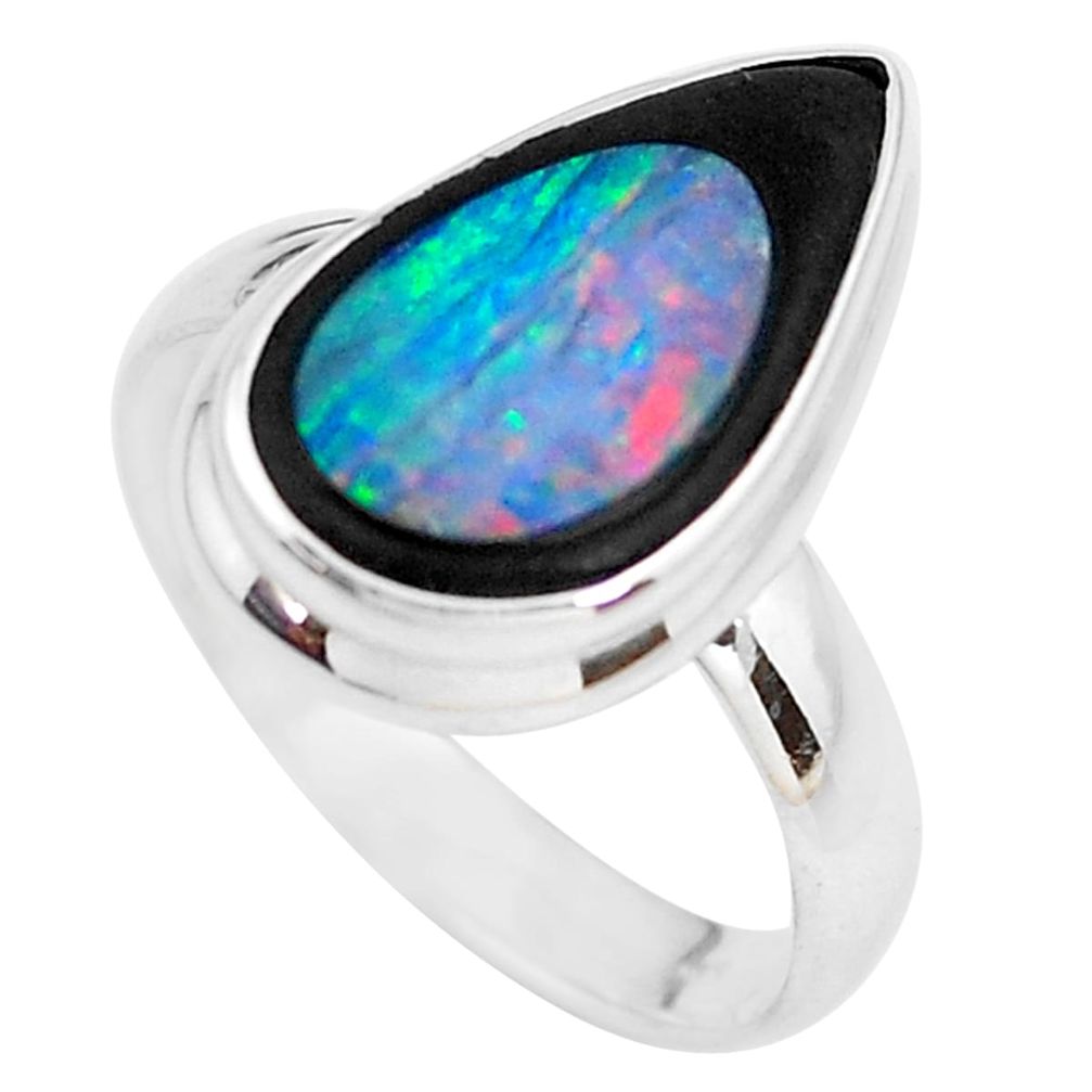 8.31cts natural blue doublet opal in onyx 925 silver ring size 9.5 p53840