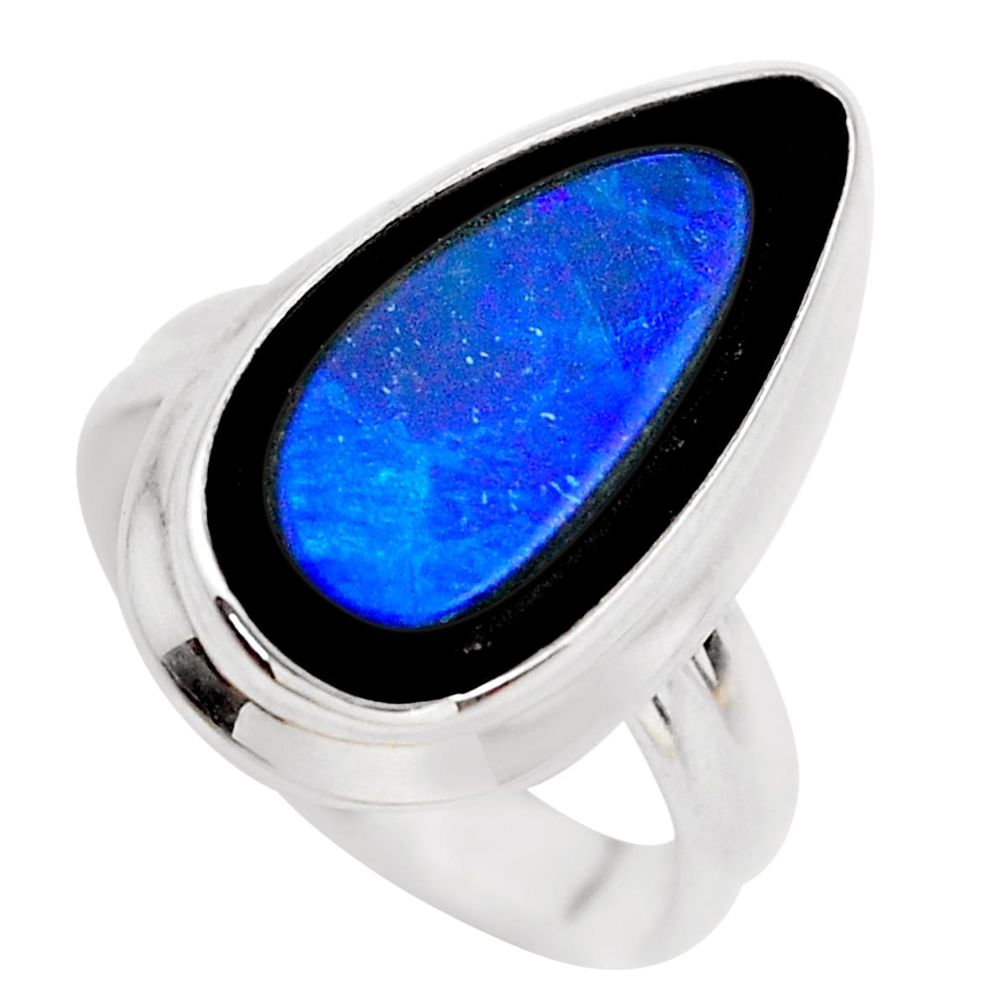 8.94cts natural blue doublet opal in onyx 925 sterling silver ring size 7 p53825