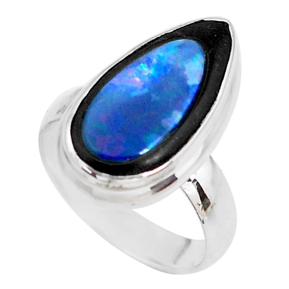8.94cts natural blue doublet opal in onyx 925 sterling silver ring size 7 p53834