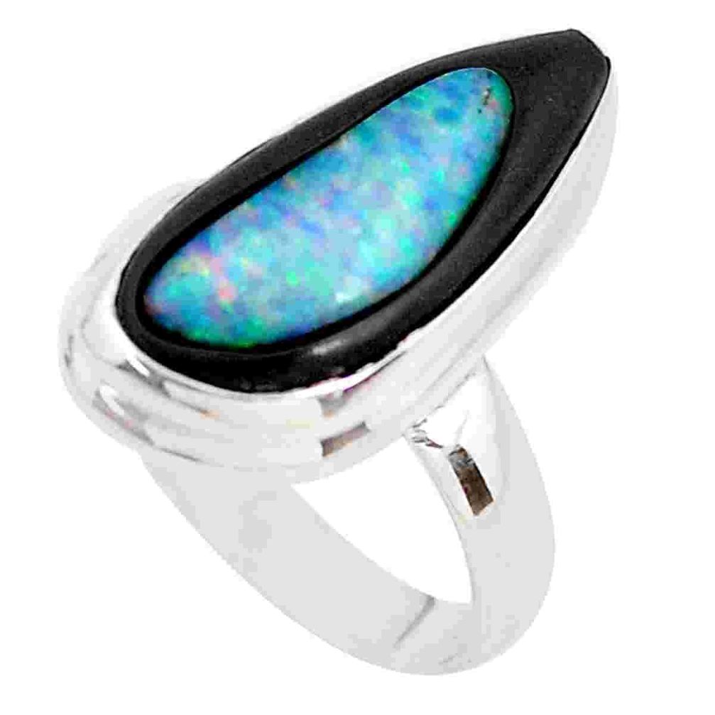 7.66cts natural blue doublet opal in onyx silver solitaire ring size 8 p53765