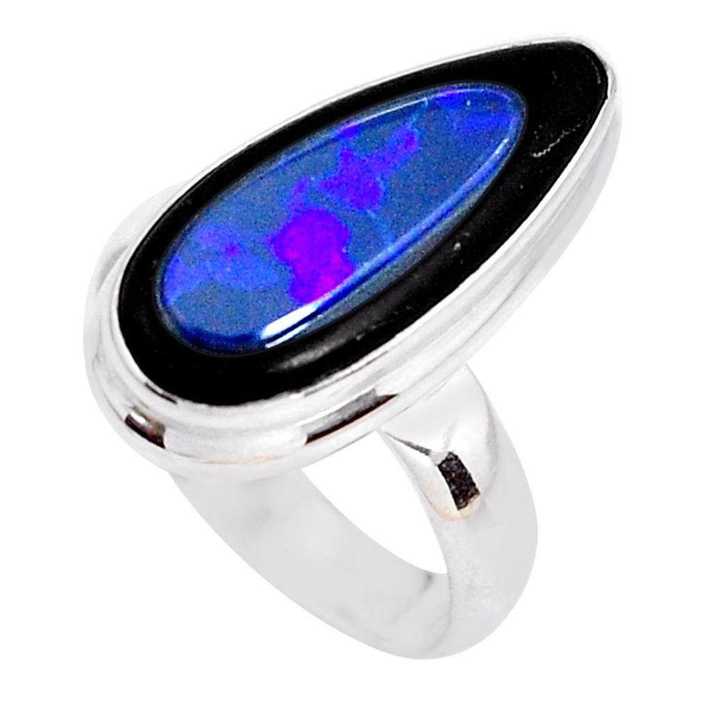 8.77cts natural blue doublet opal in onyx silver solitaire ring size 7 p53801