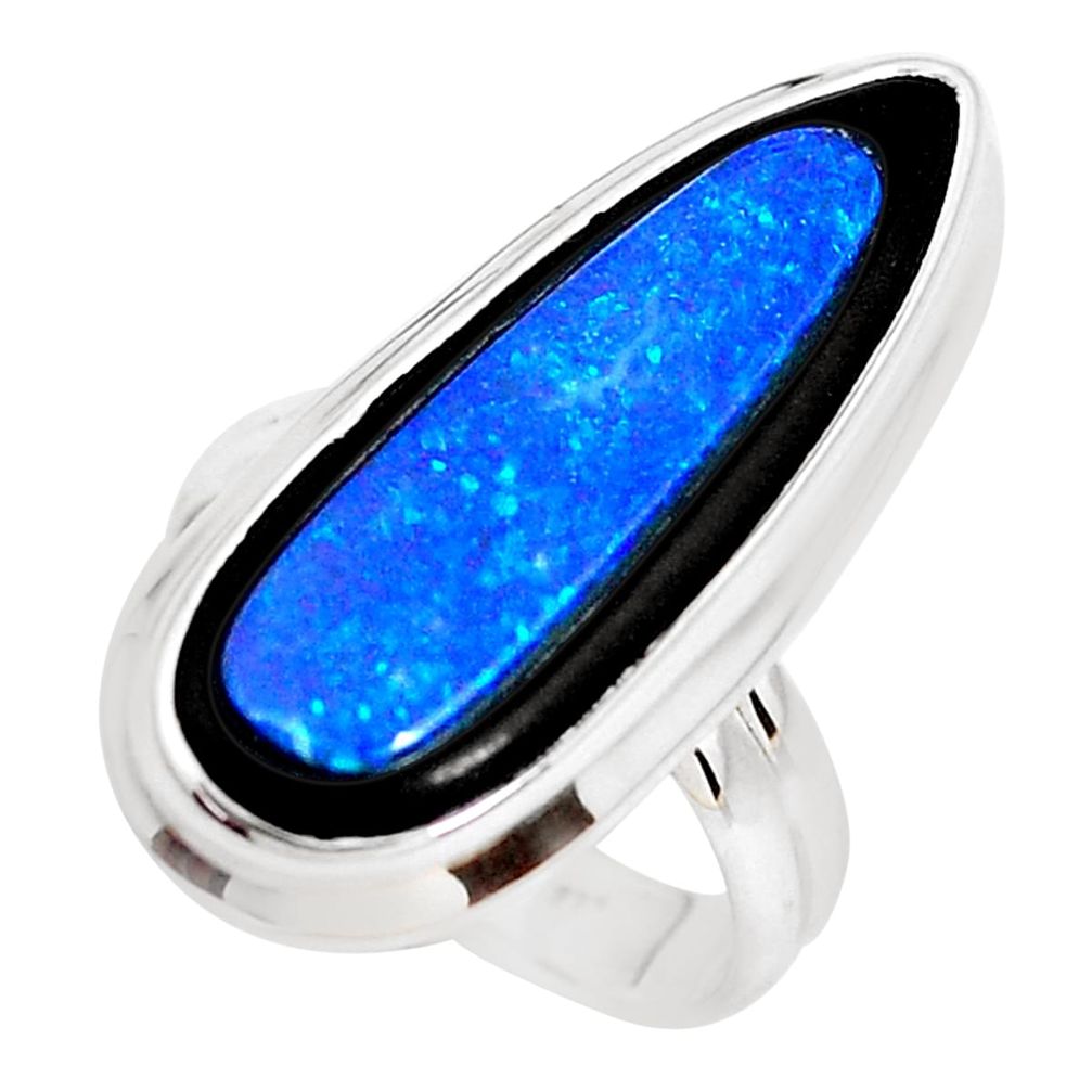 11.00cts natural blue doublet opal in onyx silver solitaire ring size 7 p53807