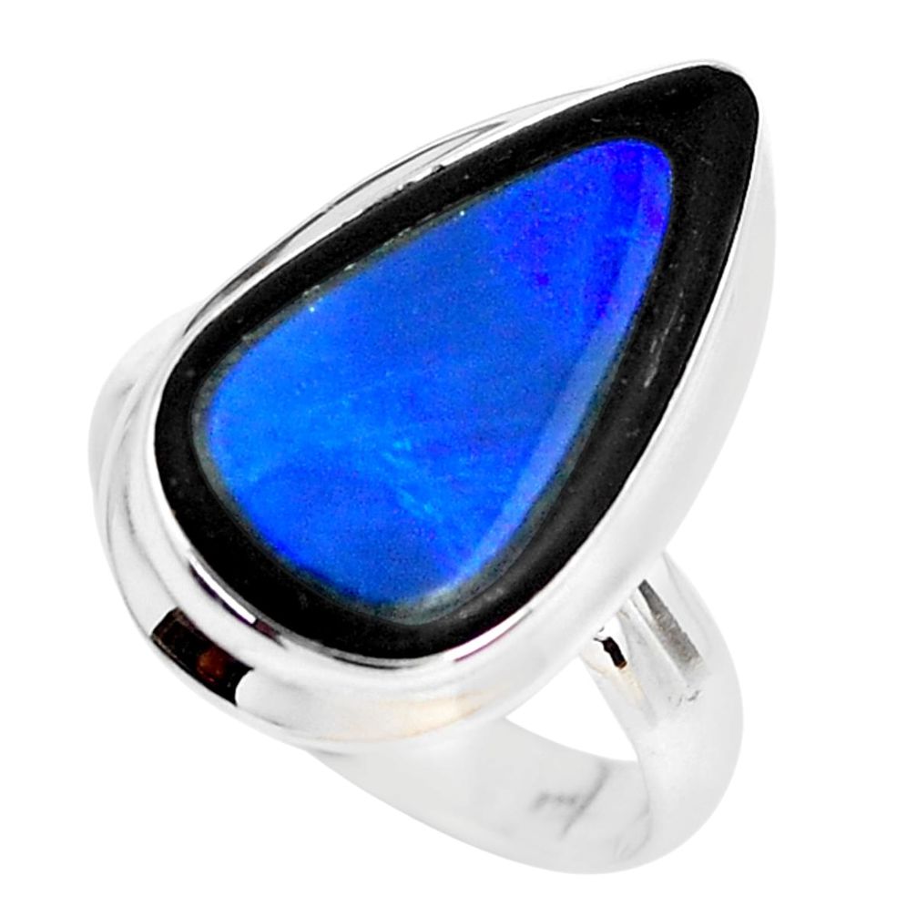 12.07cts natural blue doublet opal in onyx silver solitaire ring size 8.5 p53812