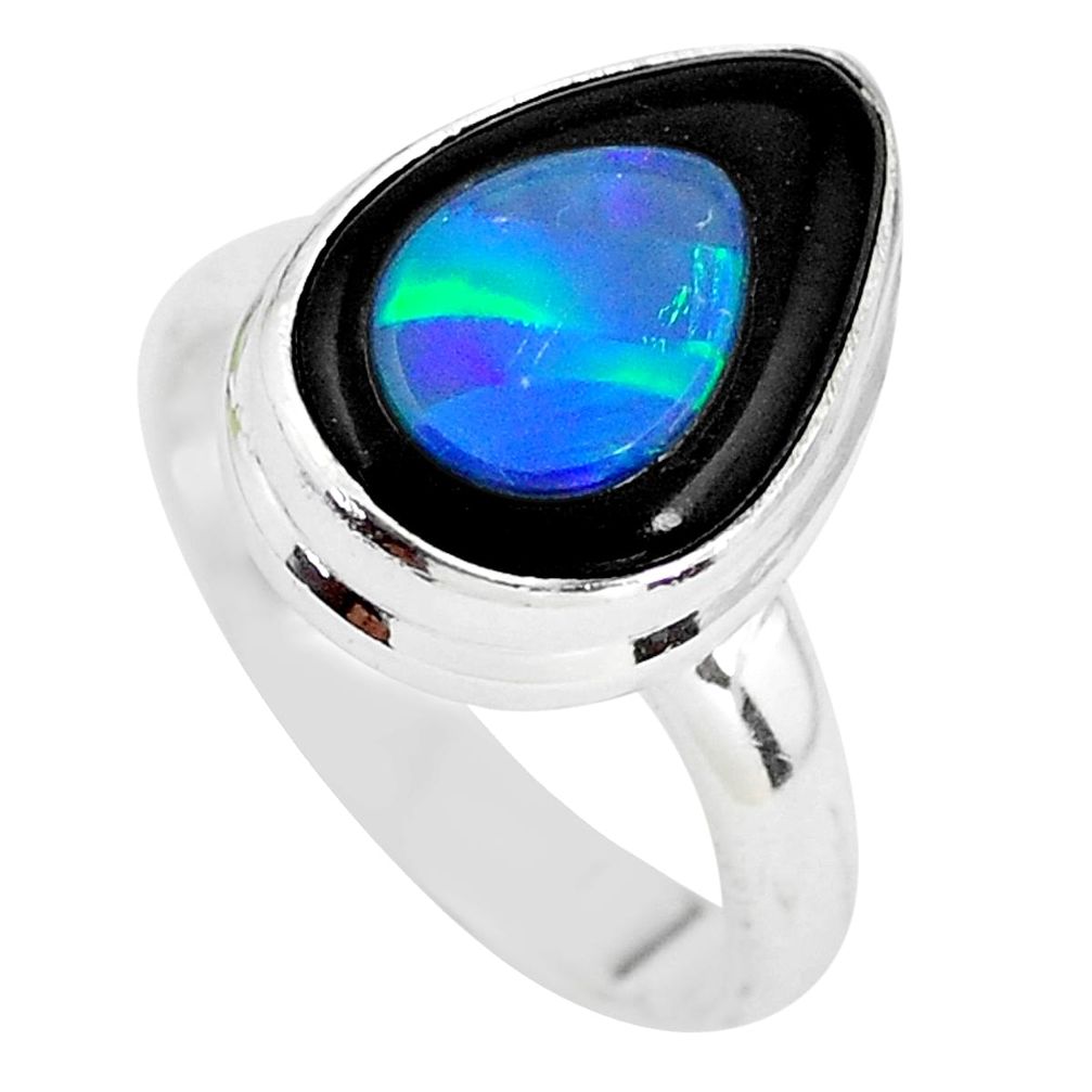 6.10cts natural blue doublet opal in onyx silver solitaire ring size 6.5 p64635