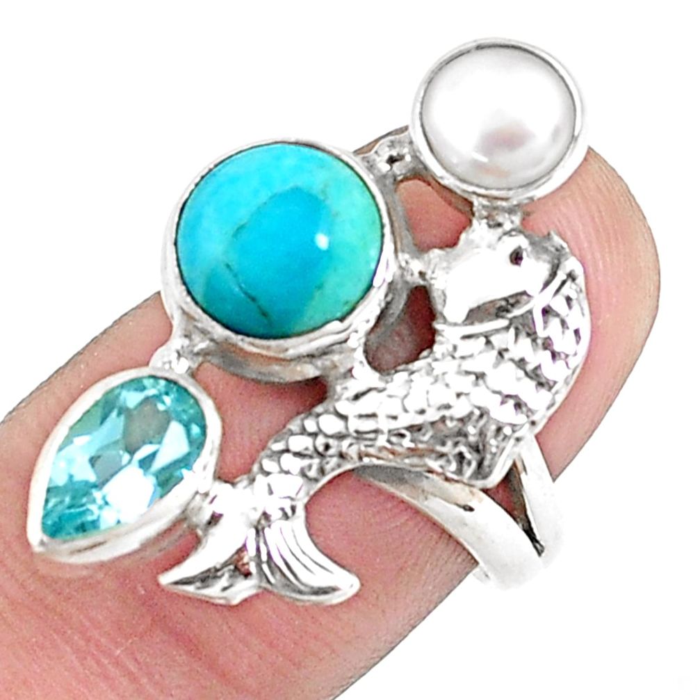 7.07cts natural blue kingman turquoise 925 silver fish ring size 6.5 p42867