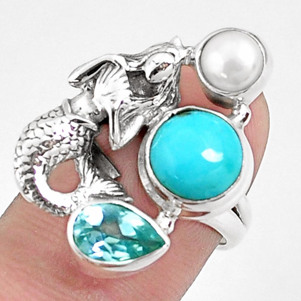 7.23cts natural blue kingman turquoise silver fairy mermaid ring size 6 p42878