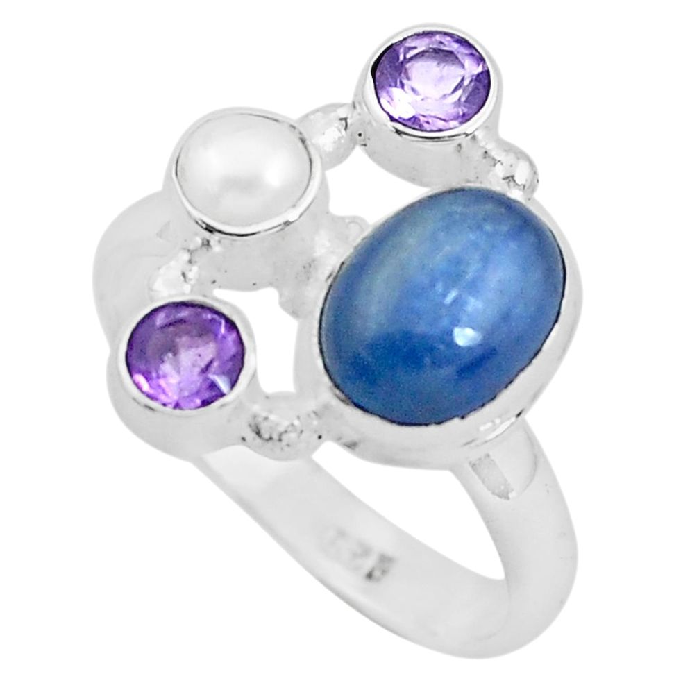 7.83cts natural blue kyanite amethyst pearl 925 silver ring size 8.5 p52475