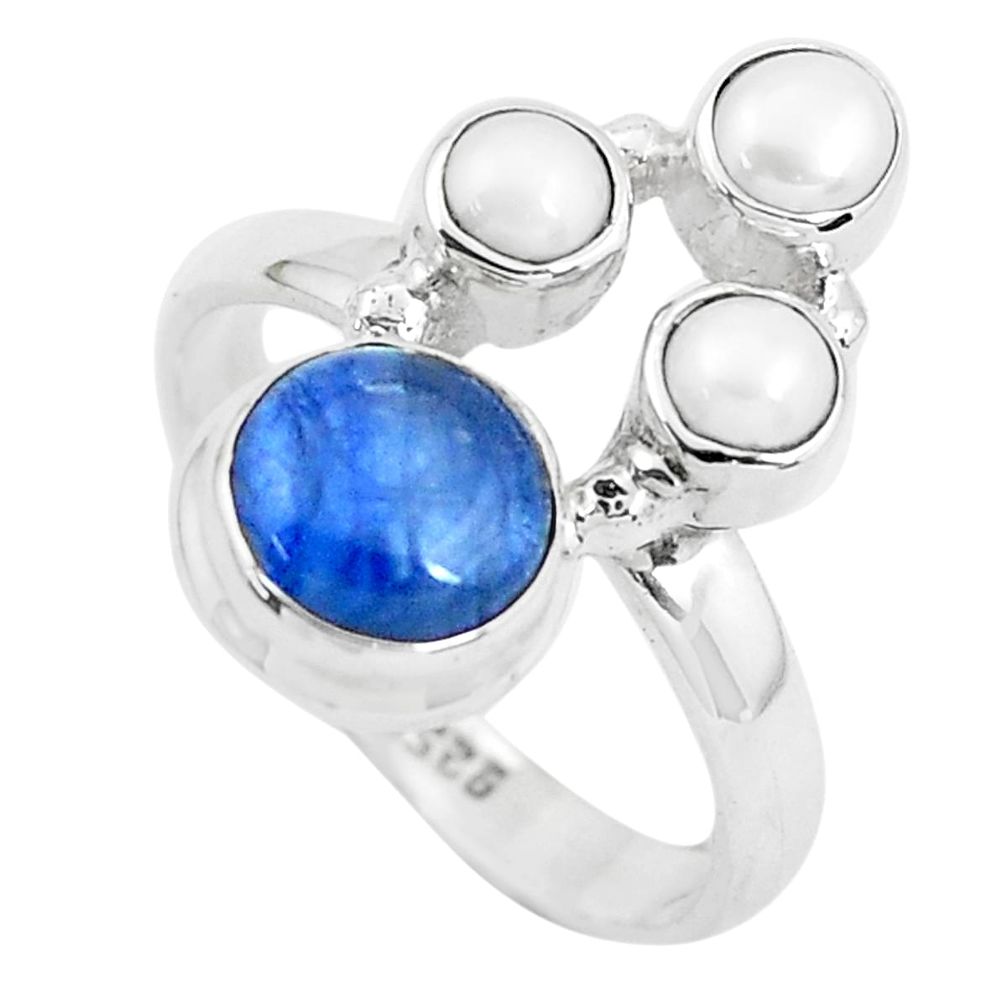 6.03cts natural blue kyanite pearl 925 sterling silver ring size 8.5 p52480