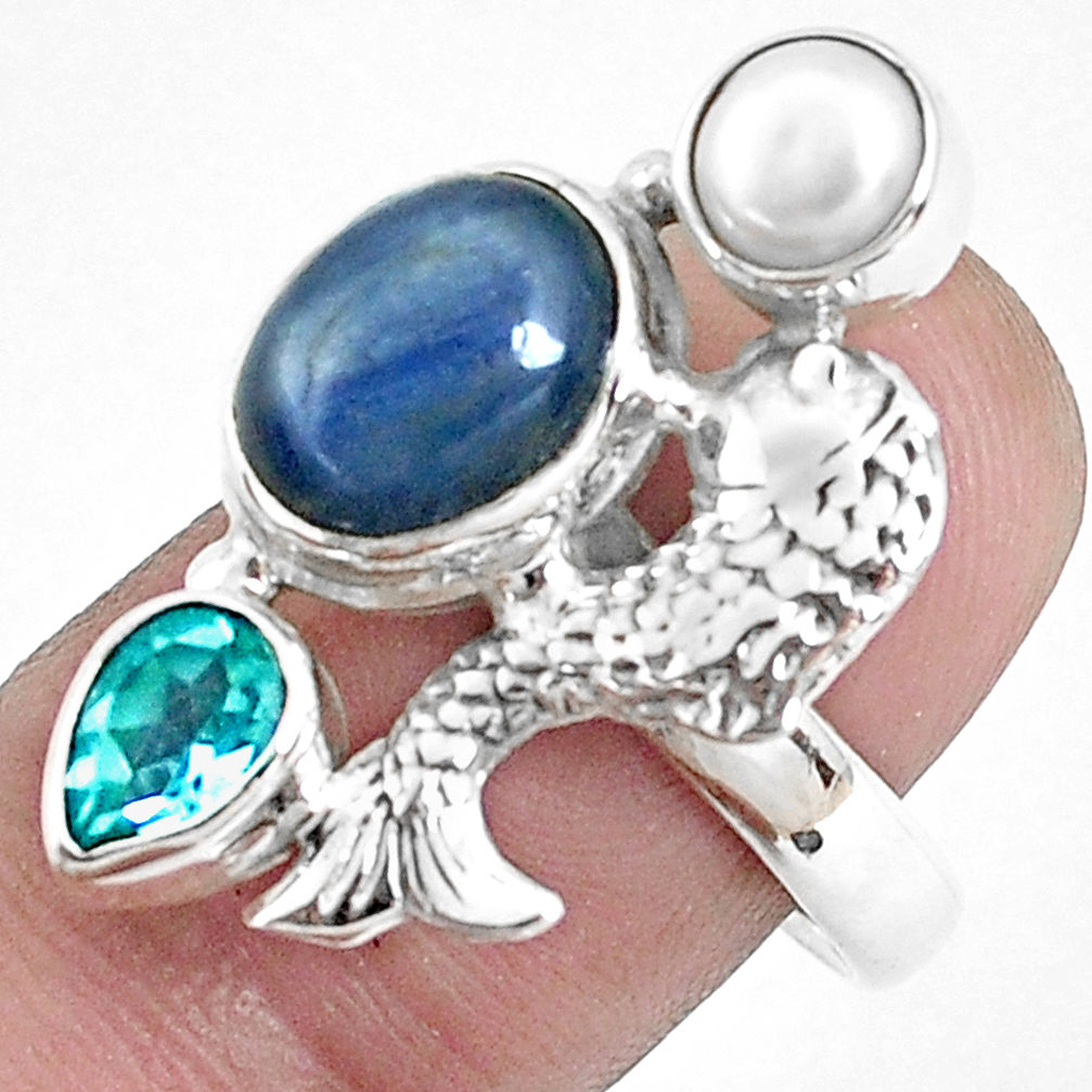 7.84cts natural blue kyanite topaz 925 sterling silver fish ring size 8.5 p42658