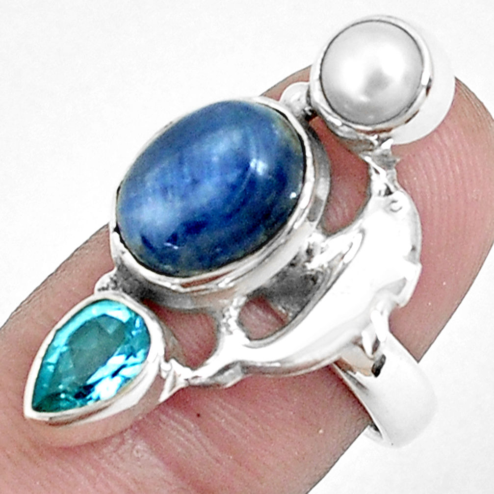 7.78cts natural blue kyanite topaz pearl 925 silver dolphin ring size 7 p42651