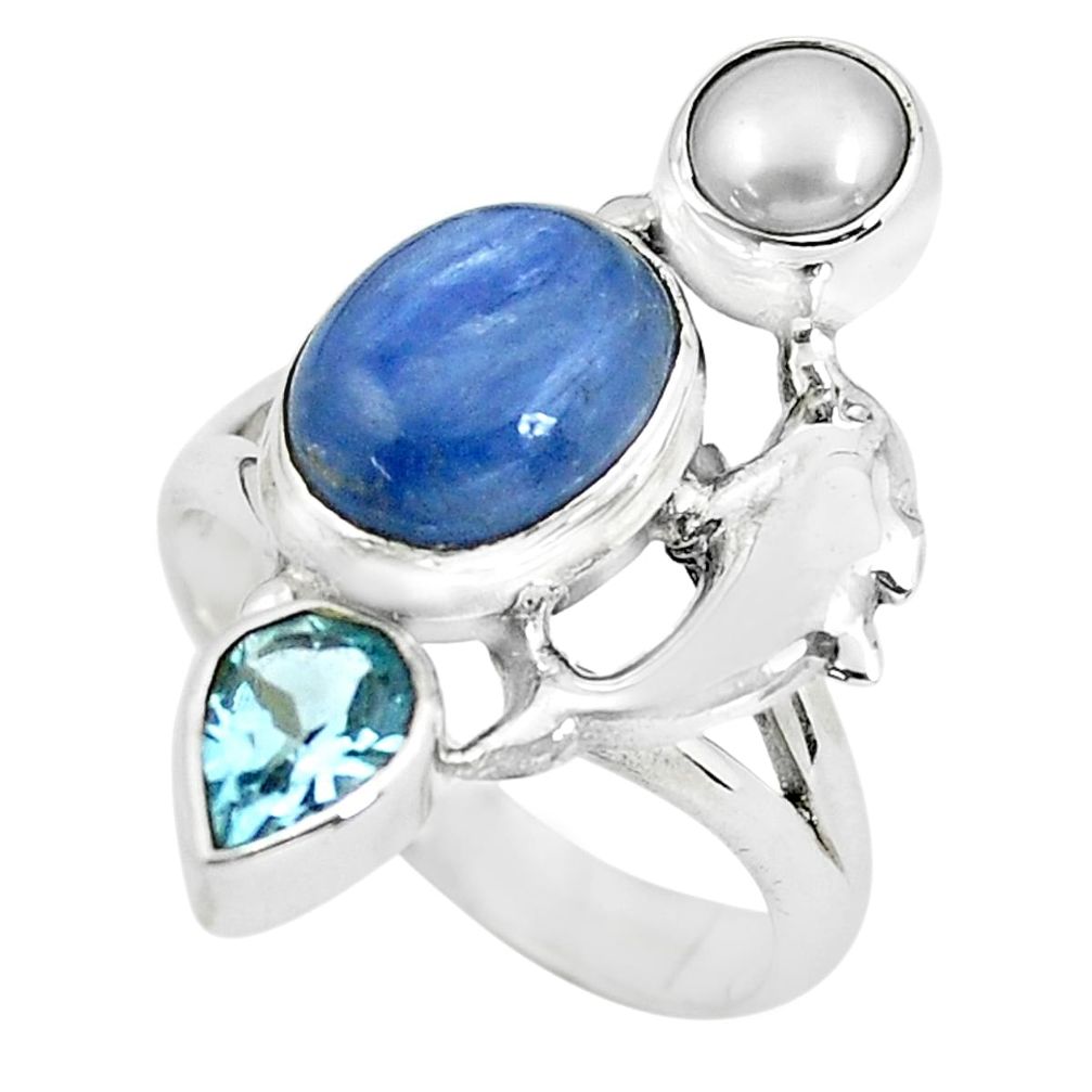 6.89cts natural blue kyanite topaz pearl 925 silver dolphin ring size 8 p61085