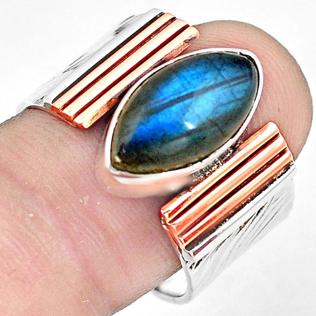 6.53cts natural blue labradorite 925 silver gold solitaire ring size 8.5 p81014
