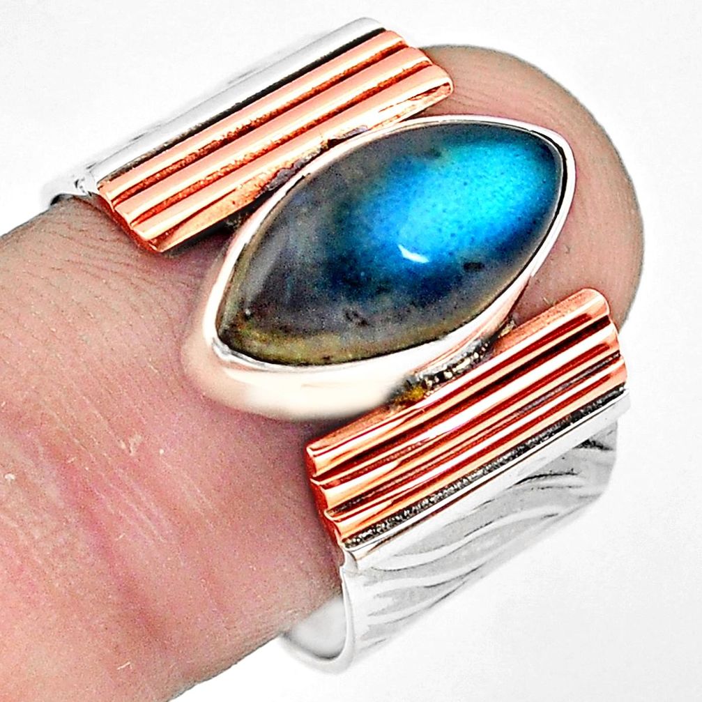 6.76cts natural blue labradorite 925 silver gold solitaire ring size 8.5 p81017